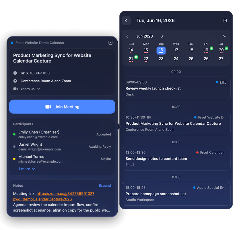 Frset calendar panel with upcoming schedule